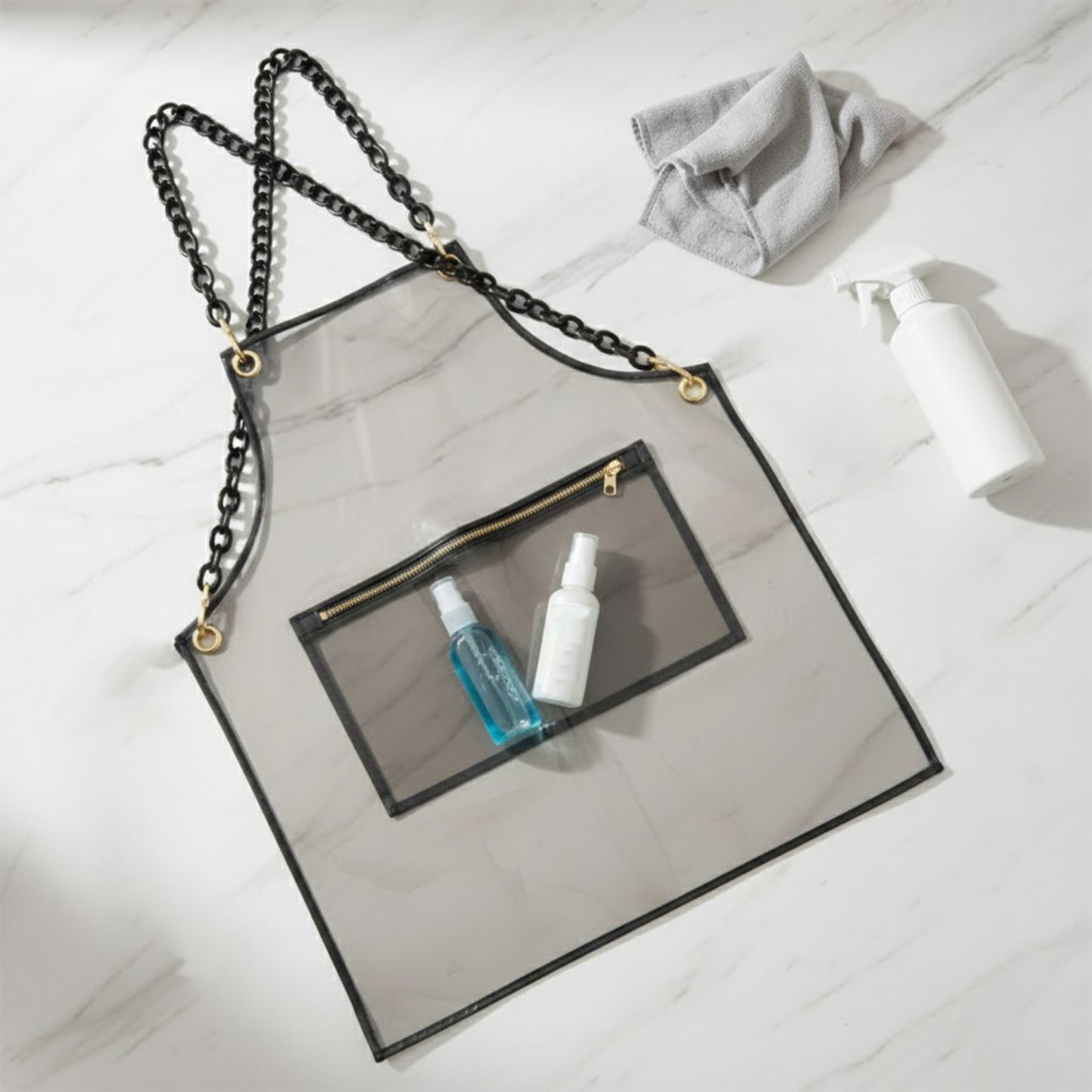 Adjustable Cross Back Transparent Utility Apron with Chain Strap Detail and Zippered Front Pocket