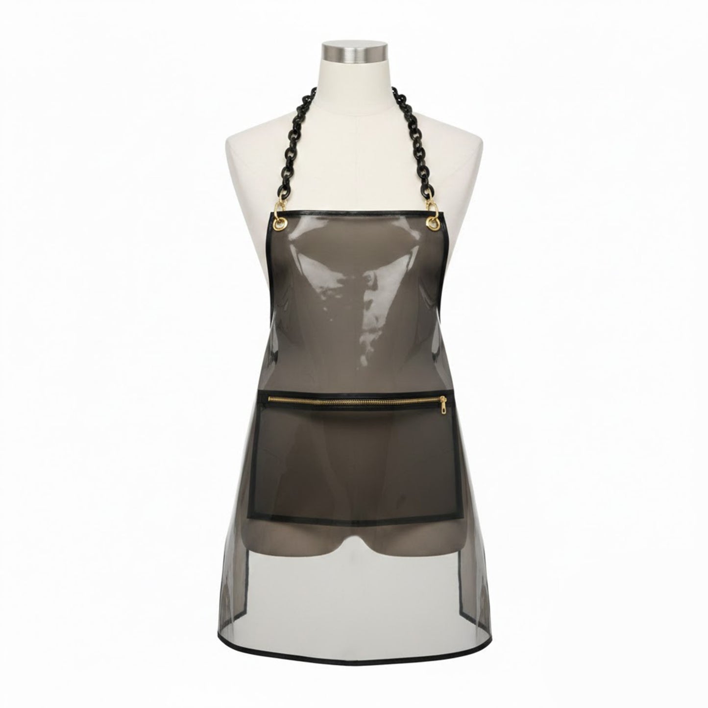 Adjustable Cross Back Transparent Utility Apron with Chain Strap Detail and Zippered Front Pocket