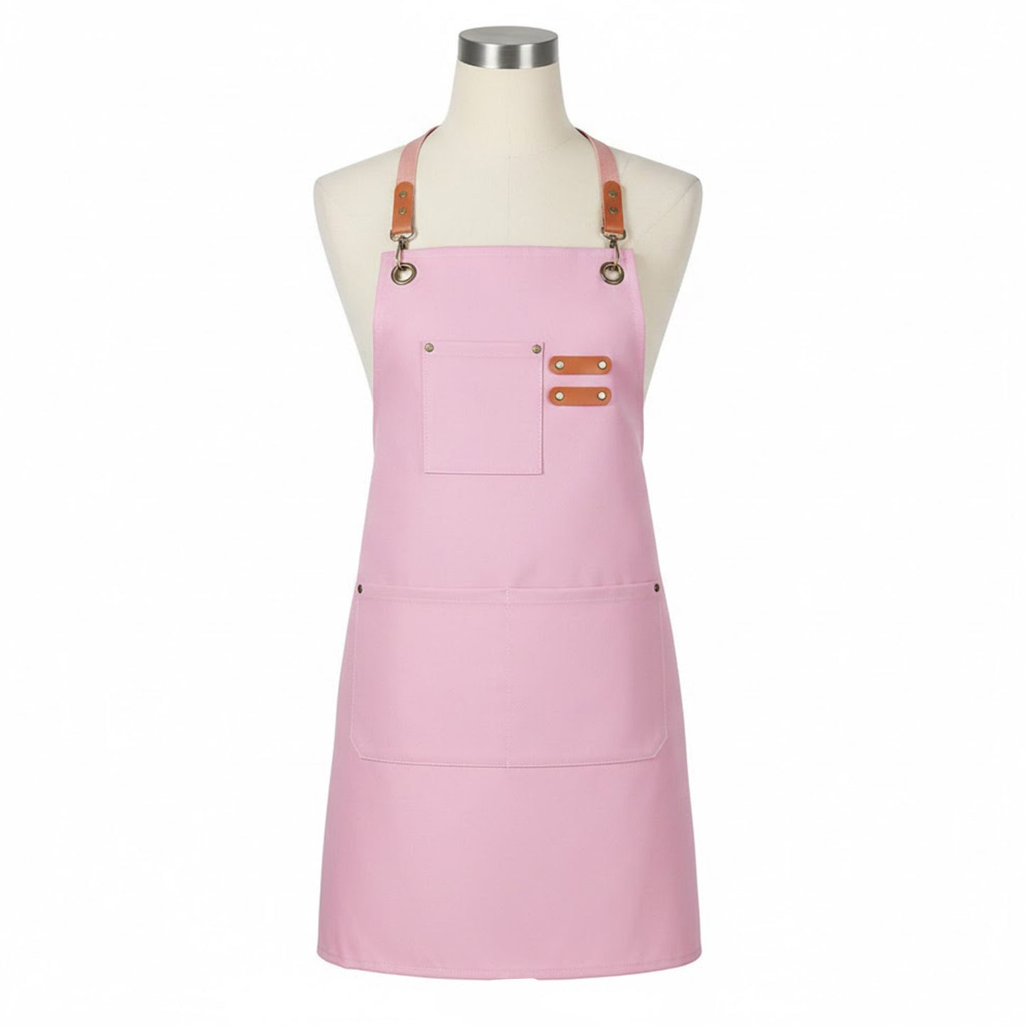 Adjustable Cross Back Utility Kitchen Apron with Faux Leather Strap Accents and Multi Pocket Storage Design