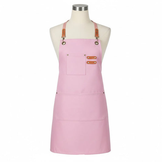Adjustable Cross Back Utility Kitchen Apron with Faux Leather Strap Accents and Multi Pocket Storage Design