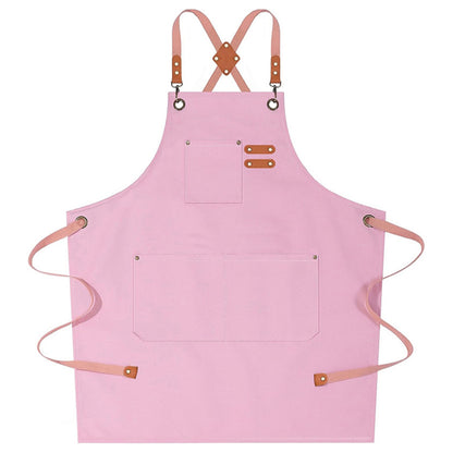 Adjustable Cross Back Utility Kitchen Apron with Faux Leather Strap Accents and Multi Pocket Storage Design