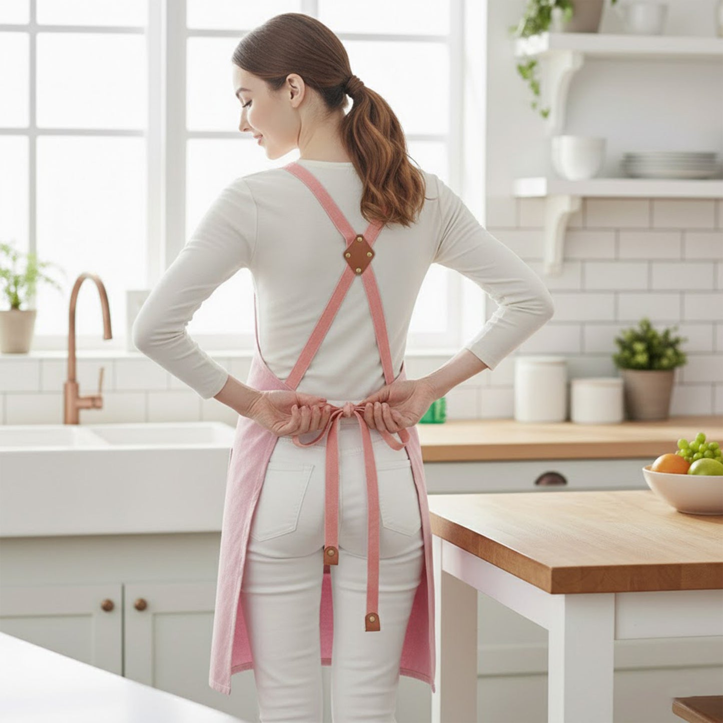 Adjustable Cross Back Utility Kitchen Apron with Faux Leather Strap Accents and Multi Pocket Storage Design