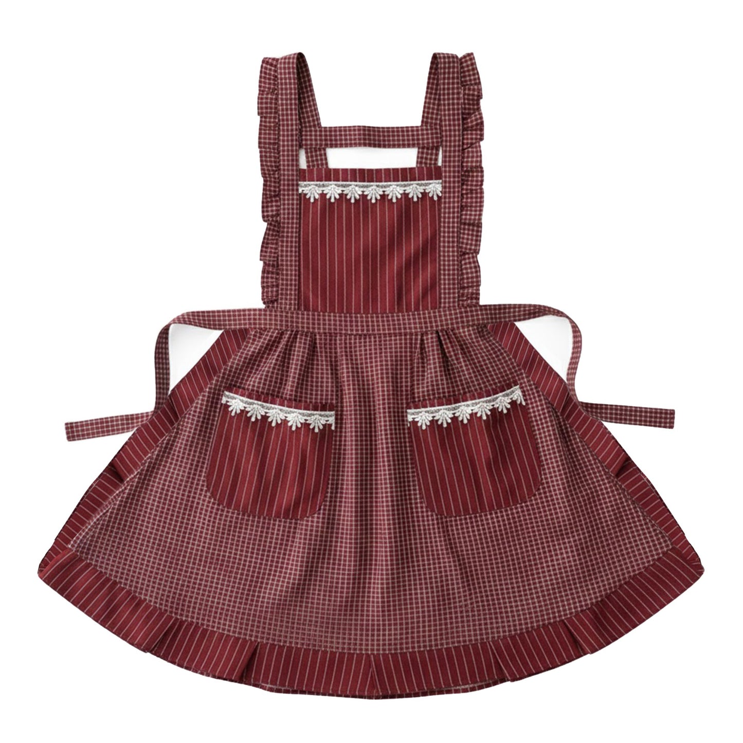 Lace Trim Check and Stripe Kitchen Apron with Ruffle Strap Bib Dual Front Pockets and Adjustable Waist Ties