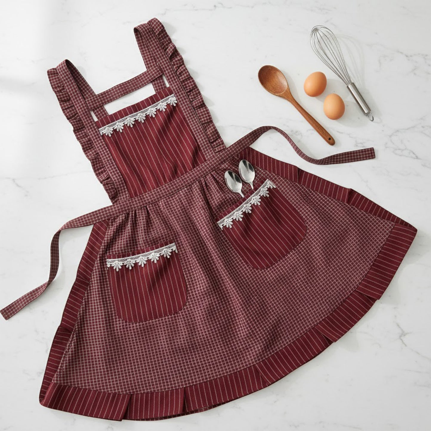 Lace Trim Check and Stripe Kitchen Apron with Ruffle Strap Bib Dual Front Pockets and Adjustable Waist Ties