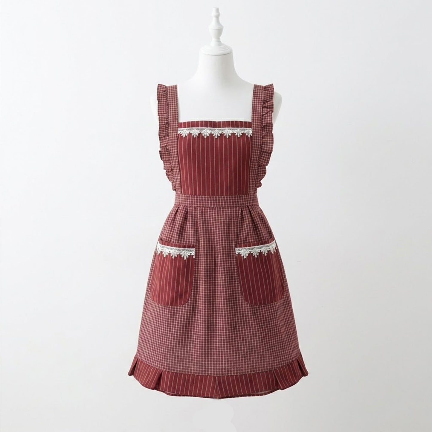Lace Trim Check and Stripe Kitchen Apron with Ruffle Strap Bib Dual Front Pockets and Adjustable Waist Ties