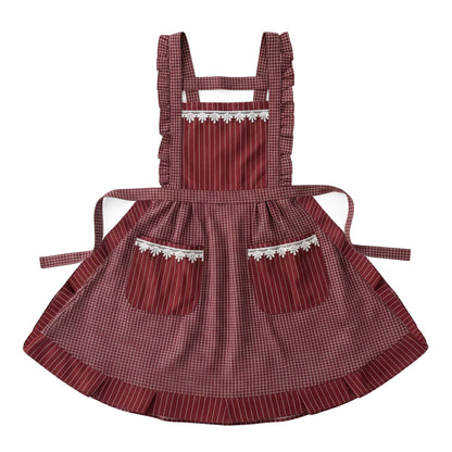 Lace Trim Check and Stripe Kitchen Apron with Ruffle Strap Bib Dual Front Pockets and Adjustable Waist Ties