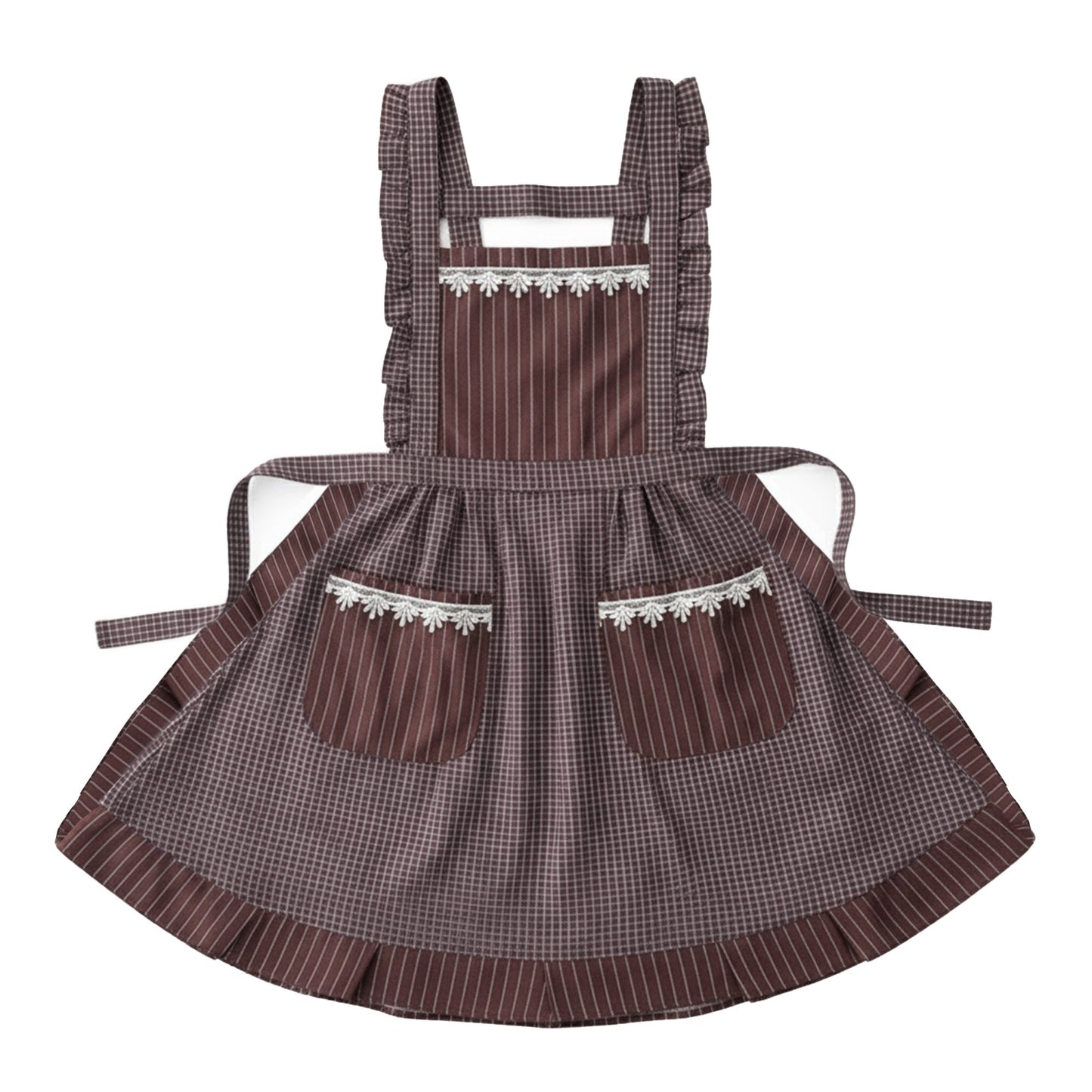 Lace Trim Check and Stripe Kitchen Apron with Ruffle Strap Bib Dual Front Pockets and Adjustable Waist Ties