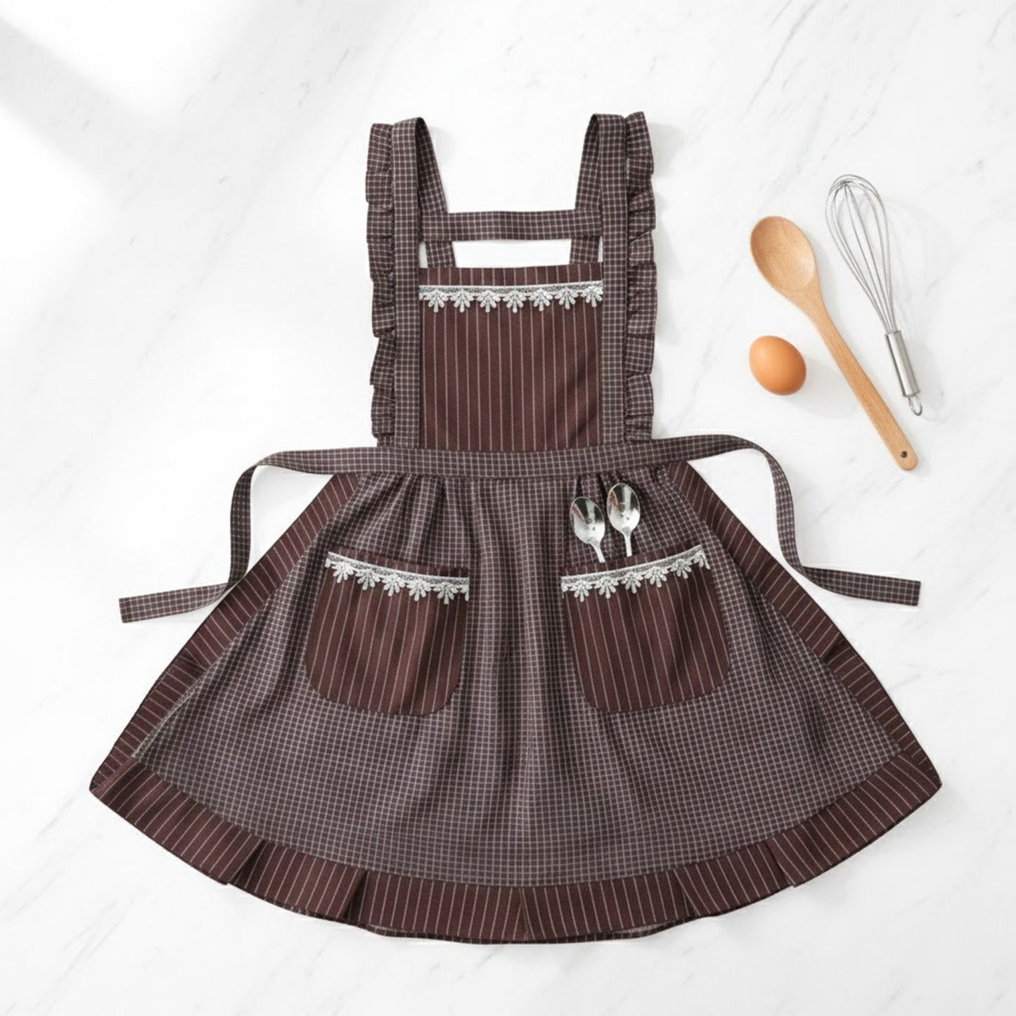 Lace Trim Check and Stripe Kitchen Apron with Ruffle Strap Bib Dual Front Pockets and Adjustable Waist Ties