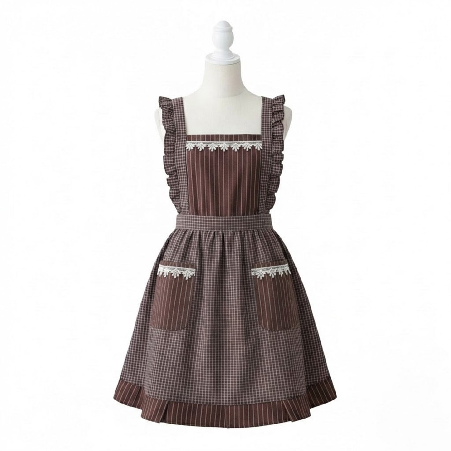 Lace Trim Check and Stripe Kitchen Apron with Ruffle Strap Bib Dual Front Pockets and Adjustable Waist Ties
