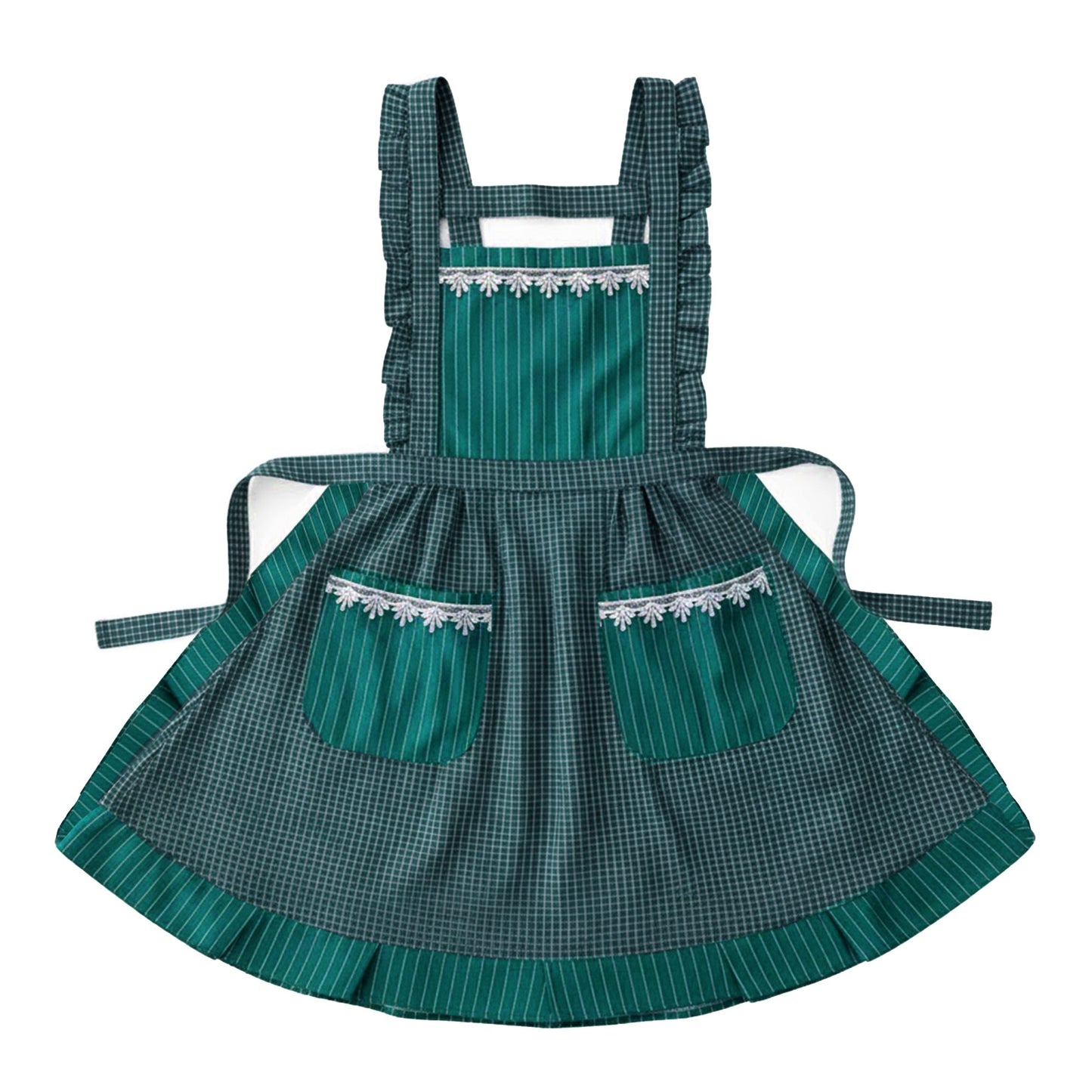 Lace Trim Check and Stripe Kitchen Apron with Ruffle Strap Bib Dual Front Pockets and Adjustable Waist Ties