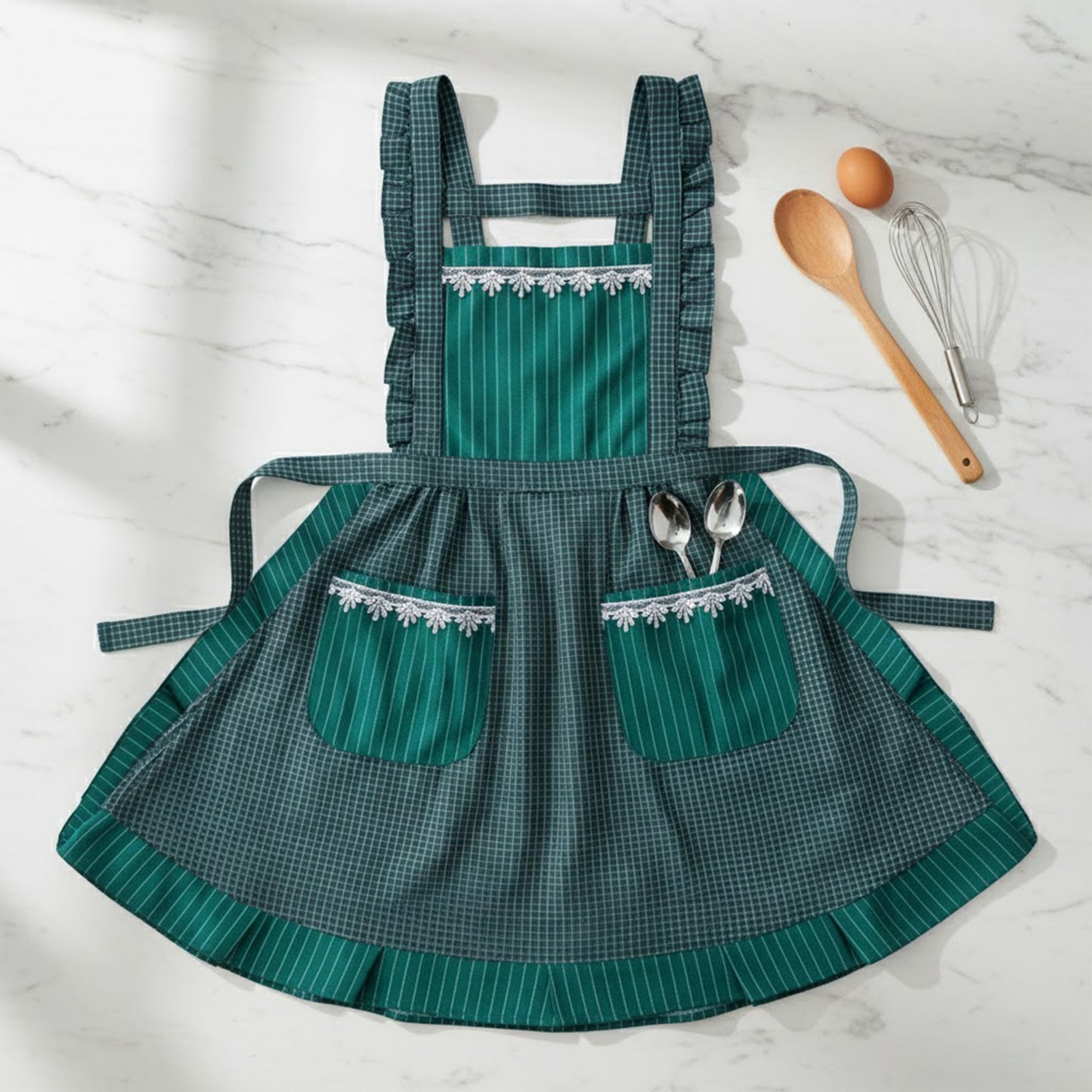 Lace Trim Check and Stripe Kitchen Apron with Ruffle Strap Bib Dual Front Pockets and Adjustable Waist Ties