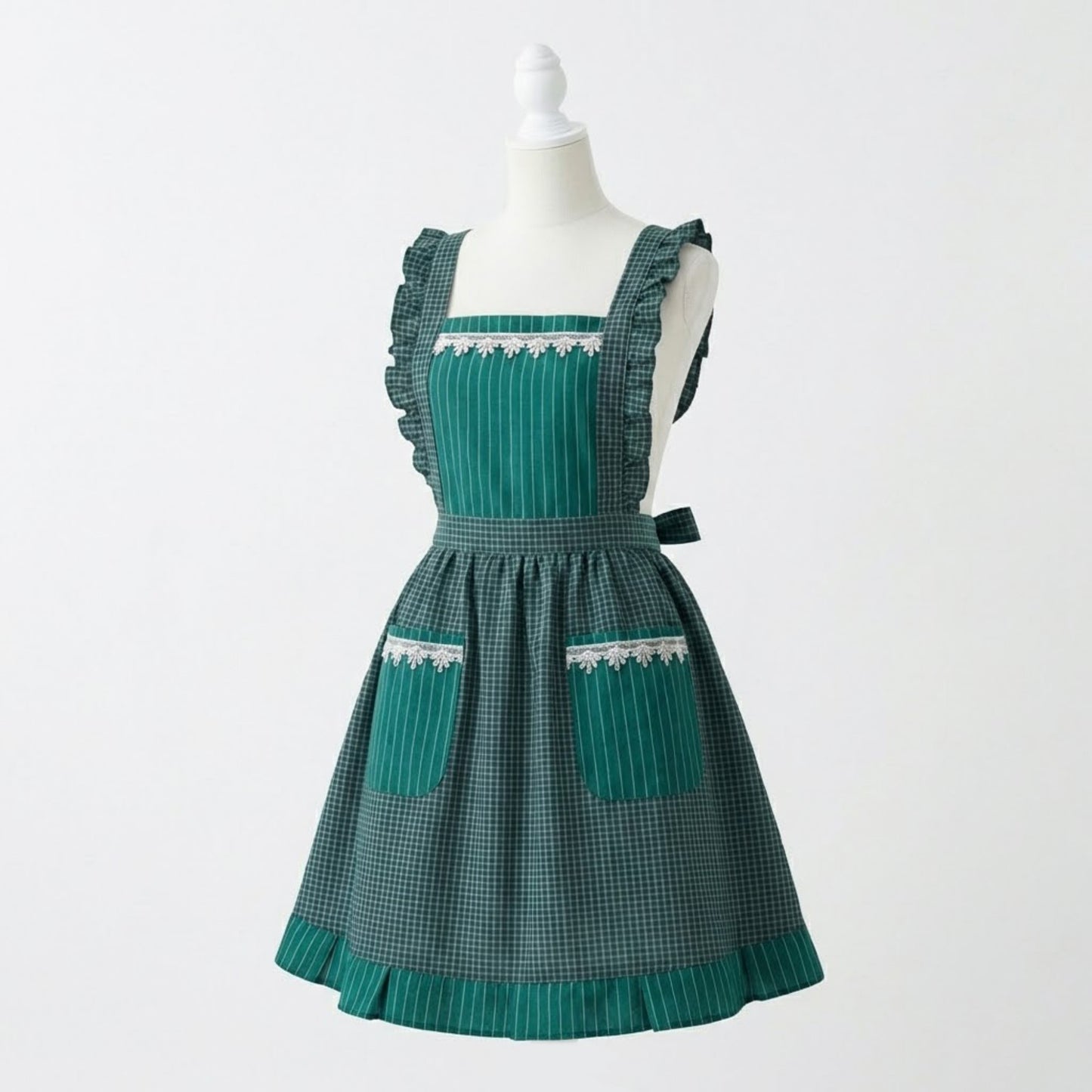 Lace Trim Check and Stripe Kitchen Apron with Ruffle Strap Bib Dual Front Pockets and Adjustable Waist Ties