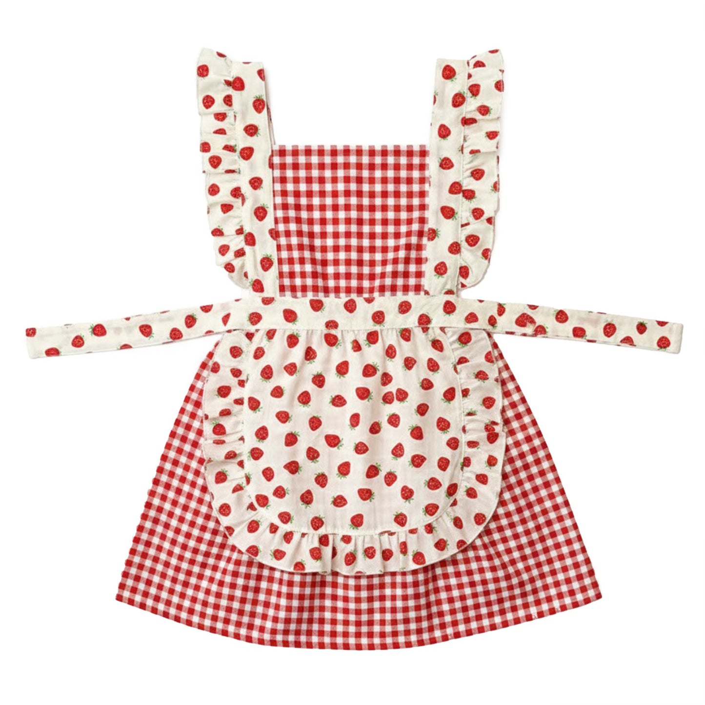 Strawberry Print Gingham Kitchen Apron with Ruffle Strap Bib Design Front Pocket and Adjustable Waist Ties
