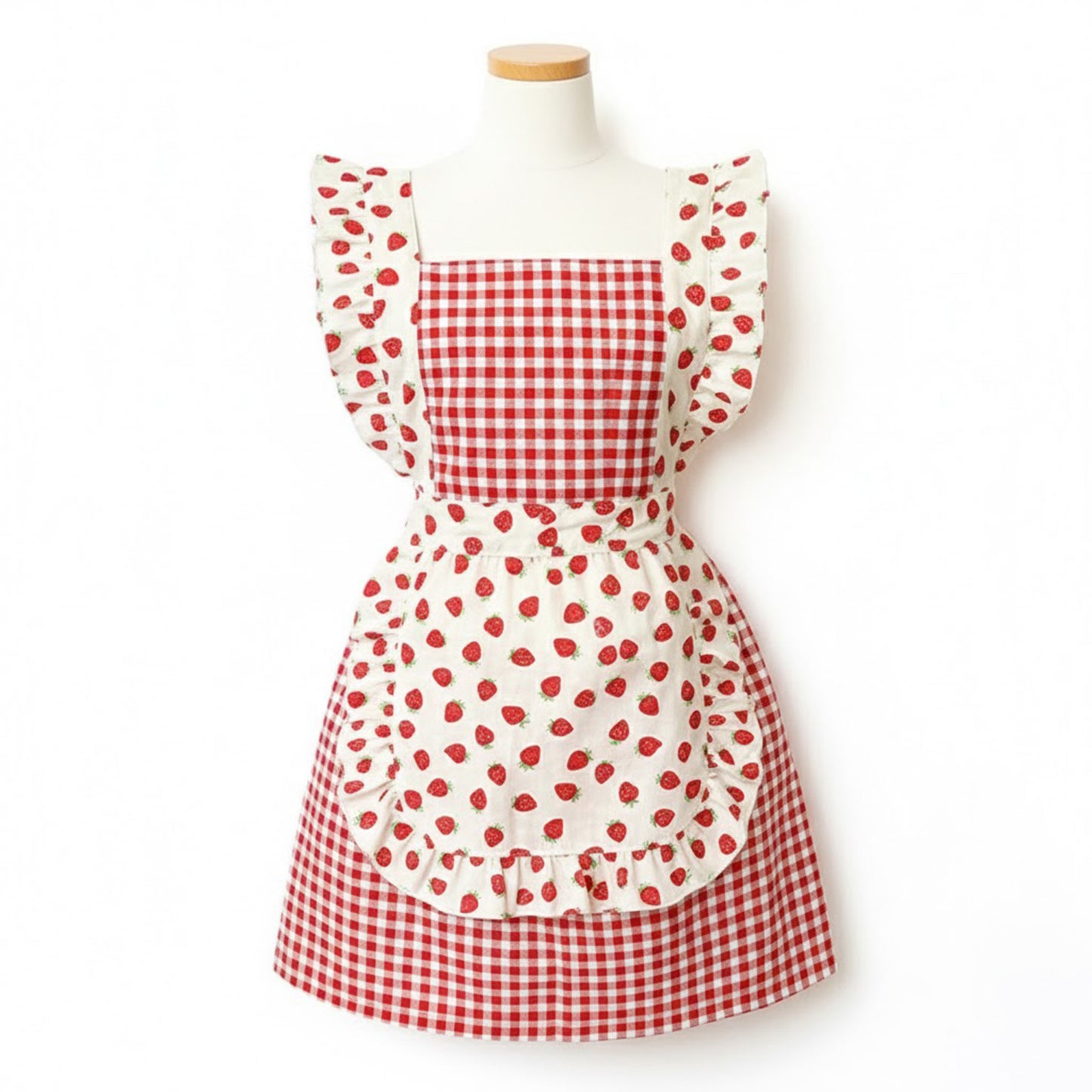 Strawberry Print Gingham Kitchen Apron with Ruffle Strap Bib Design Front Pocket and Adjustable Waist Ties