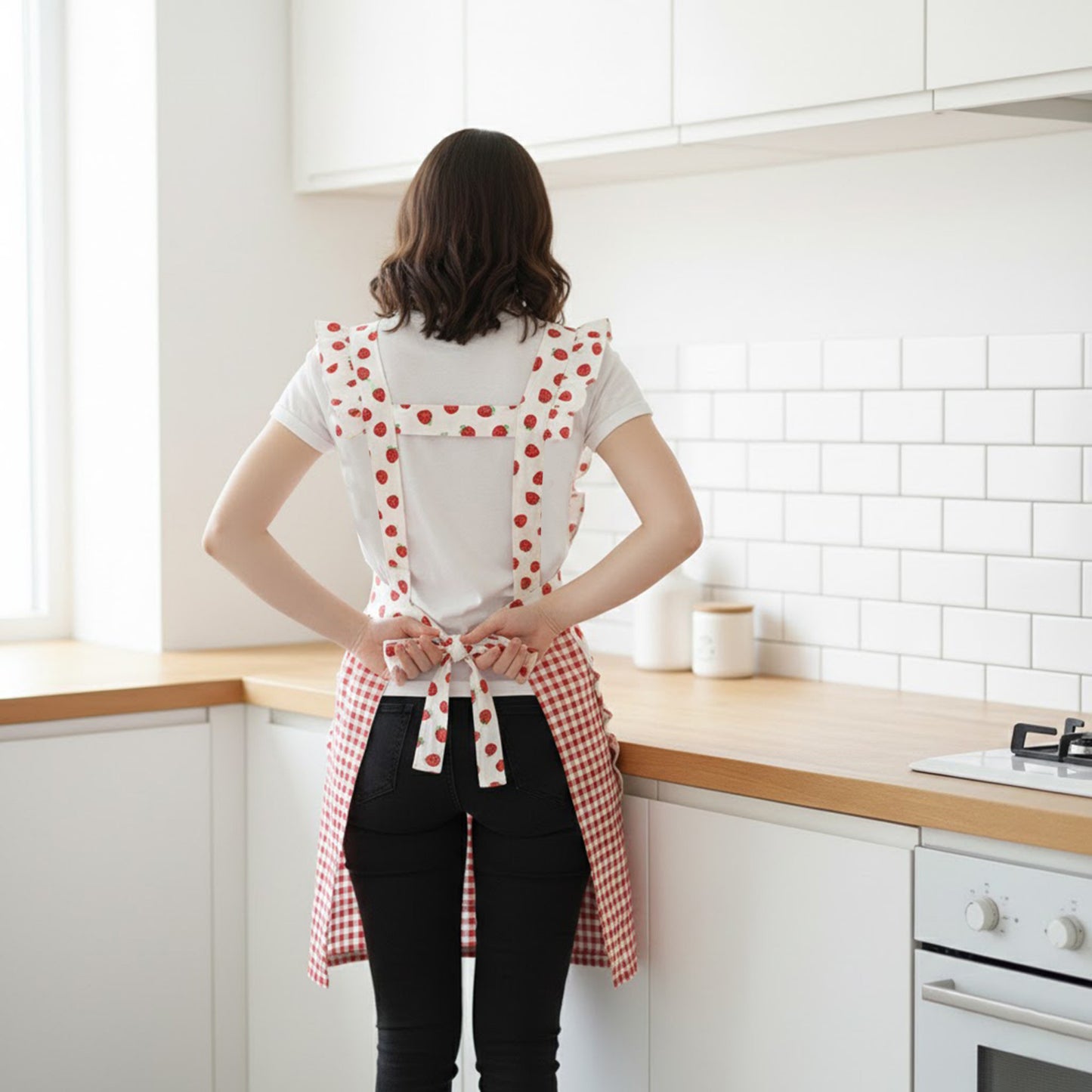 Strawberry Print Gingham Kitchen Apron with Ruffle Strap Bib Design Front Pocket and Adjustable Waist Ties