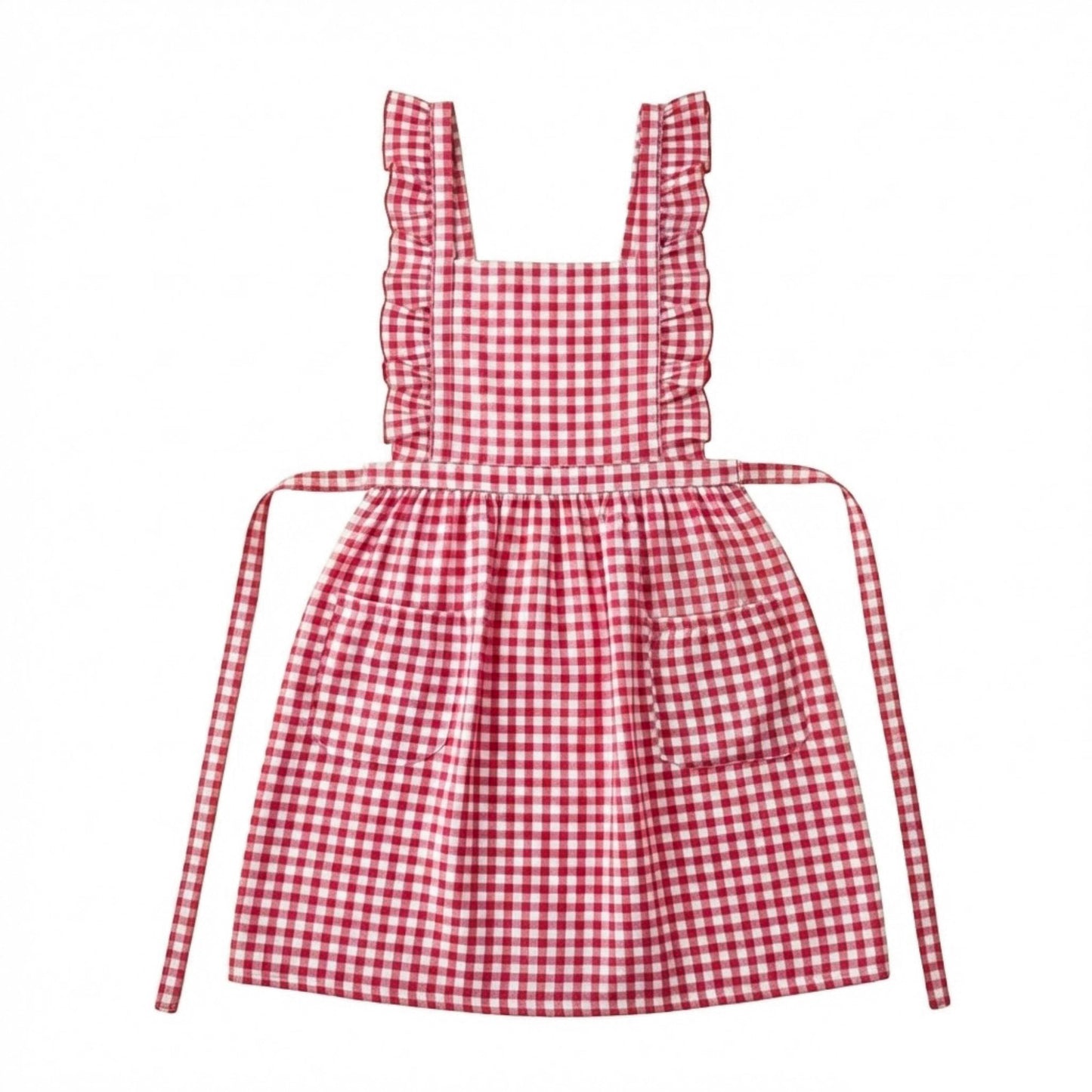 Gingham Ruffle Kitchen Apron with Square Bib Design Dual Front Pockets and Adjustable Waist Ties
