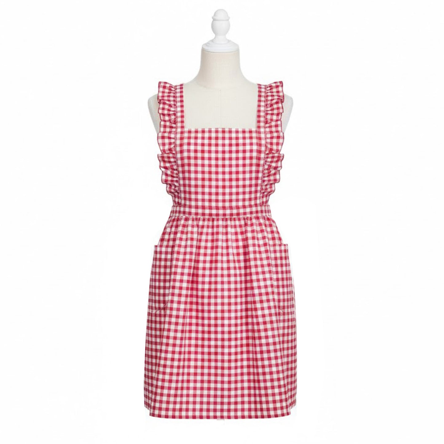Gingham Ruffle Kitchen Apron with Square Bib Design Dual Front Pockets and Adjustable Waist Ties