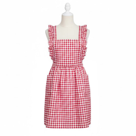 Gingham Ruffle Kitchen Apron with Square Bib Design Dual Front Pockets and Adjustable Waist Ties