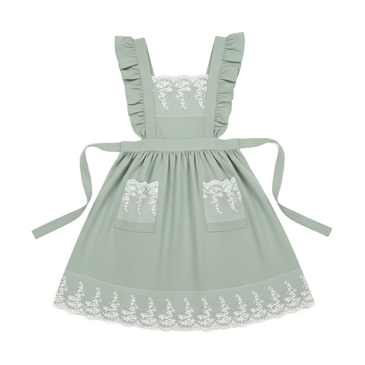 Lace Trim Ruffle Kitchen Apron with Embroidered Bib Detail Dual Front Pockets and Adjustable Waist Ties