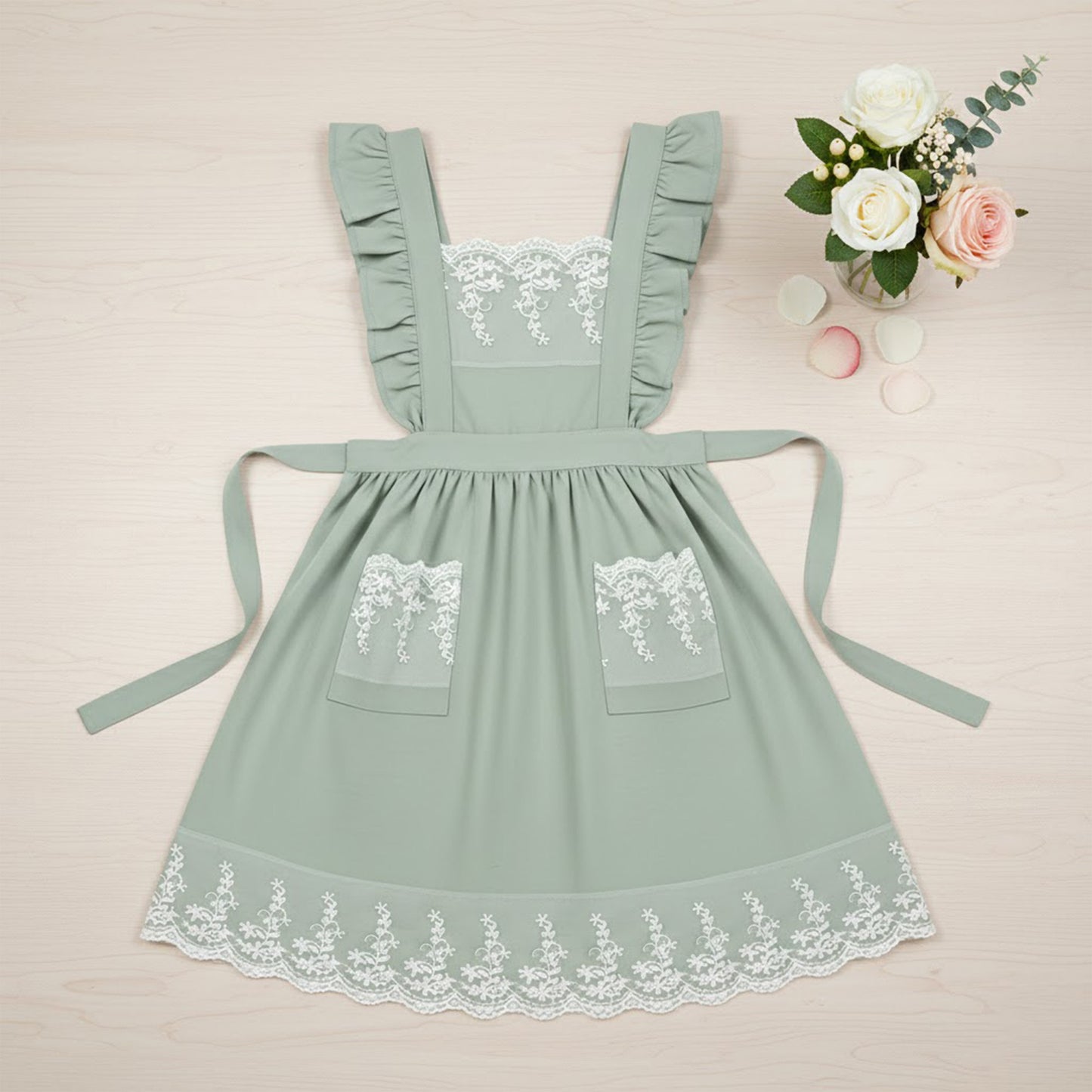 Lace Trim Ruffle Kitchen Apron with Embroidered Bib Detail Dual Front Pockets and Adjustable Waist Ties