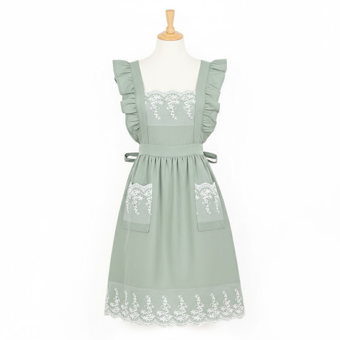 Lace Trim Ruffle Kitchen Apron with Embroidered Bib Detail Dual Front Pockets and Adjustable Waist Ties