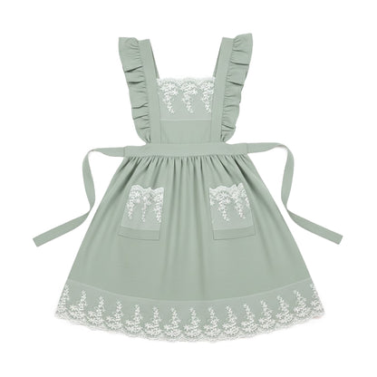 Lace Trim Ruffle Kitchen Apron with Embroidered Bib Detail Dual Front Pockets and Adjustable Waist Ties