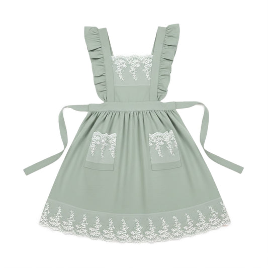 Lace Trim Ruffle Kitchen Apron with Embroidered Bib Detail Dual Front Pockets and Adjustable Waist Ties