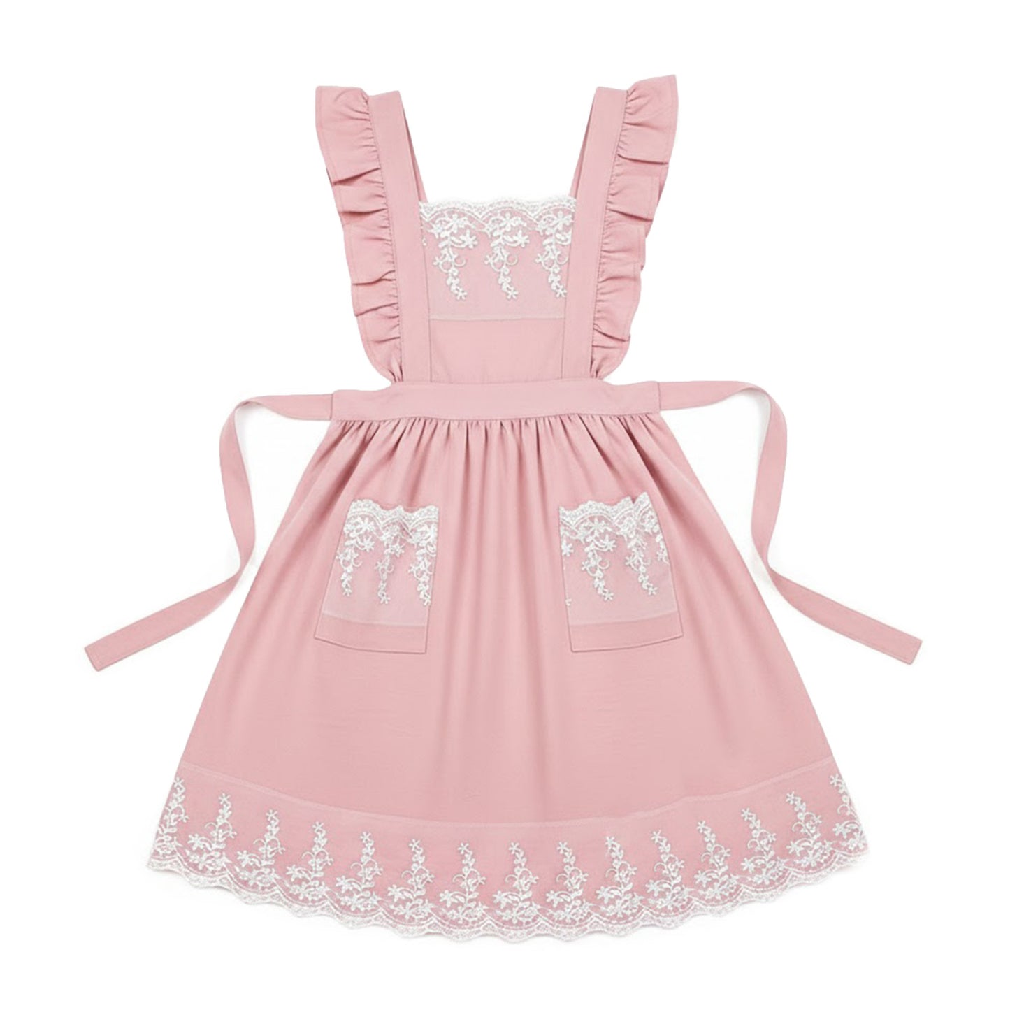 Lace Trim Ruffle Kitchen Apron with Embroidered Bib Detail Dual Front Pockets and Adjustable Waist Ties