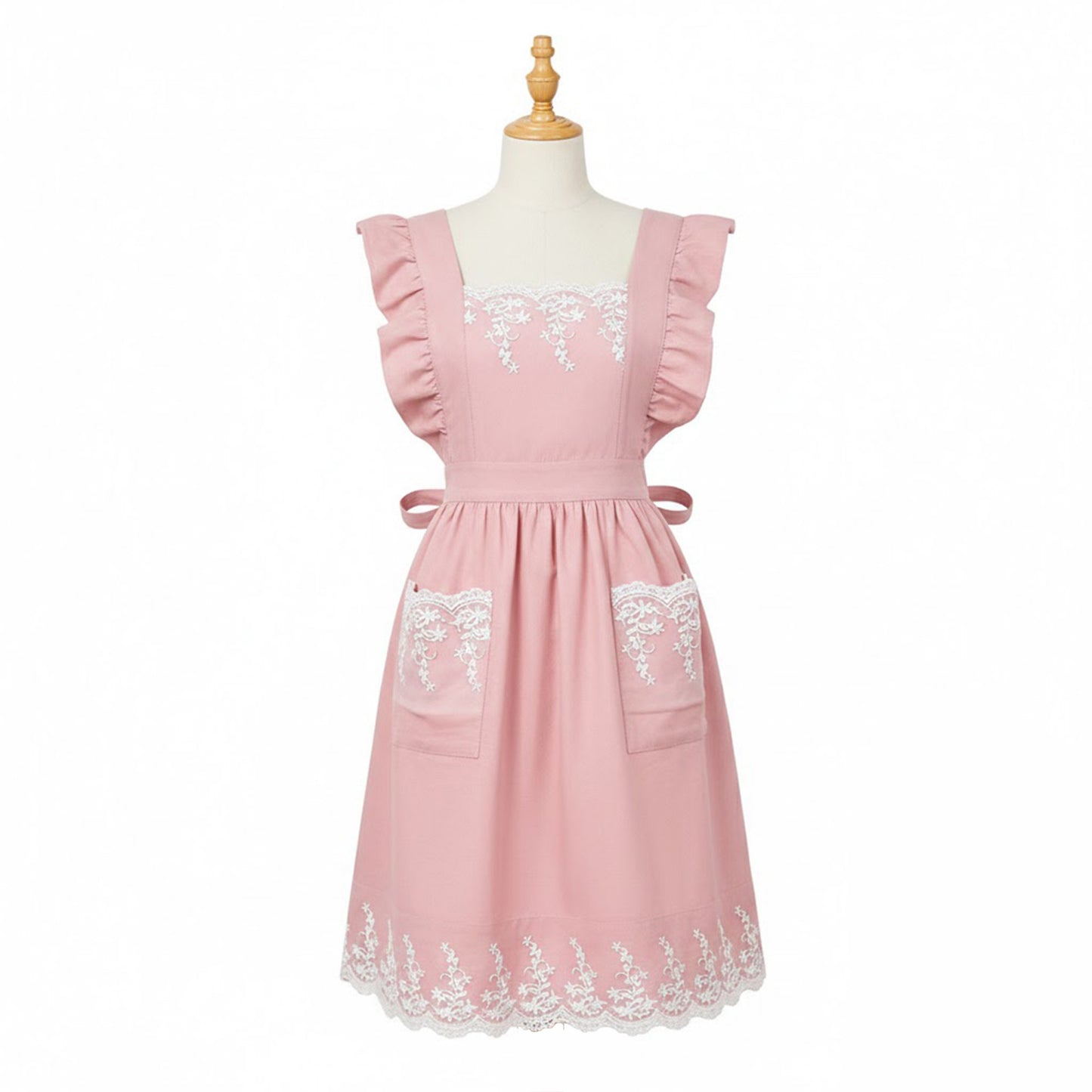Lace Trim Ruffle Kitchen Apron with Embroidered Bib Detail Dual Front Pockets and Adjustable Waist Ties