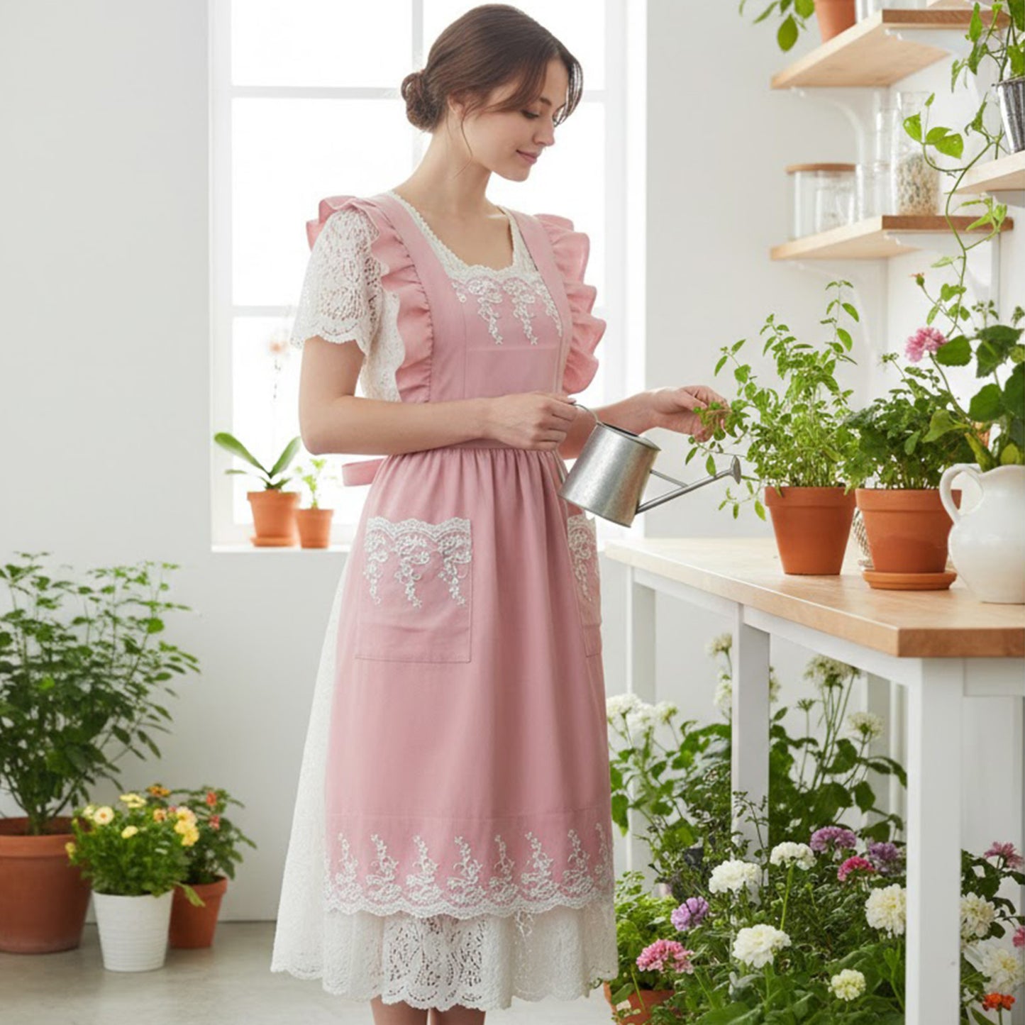 Lace Trim Ruffle Kitchen Apron with Embroidered Bib Detail Dual Front Pockets and Adjustable Waist Ties