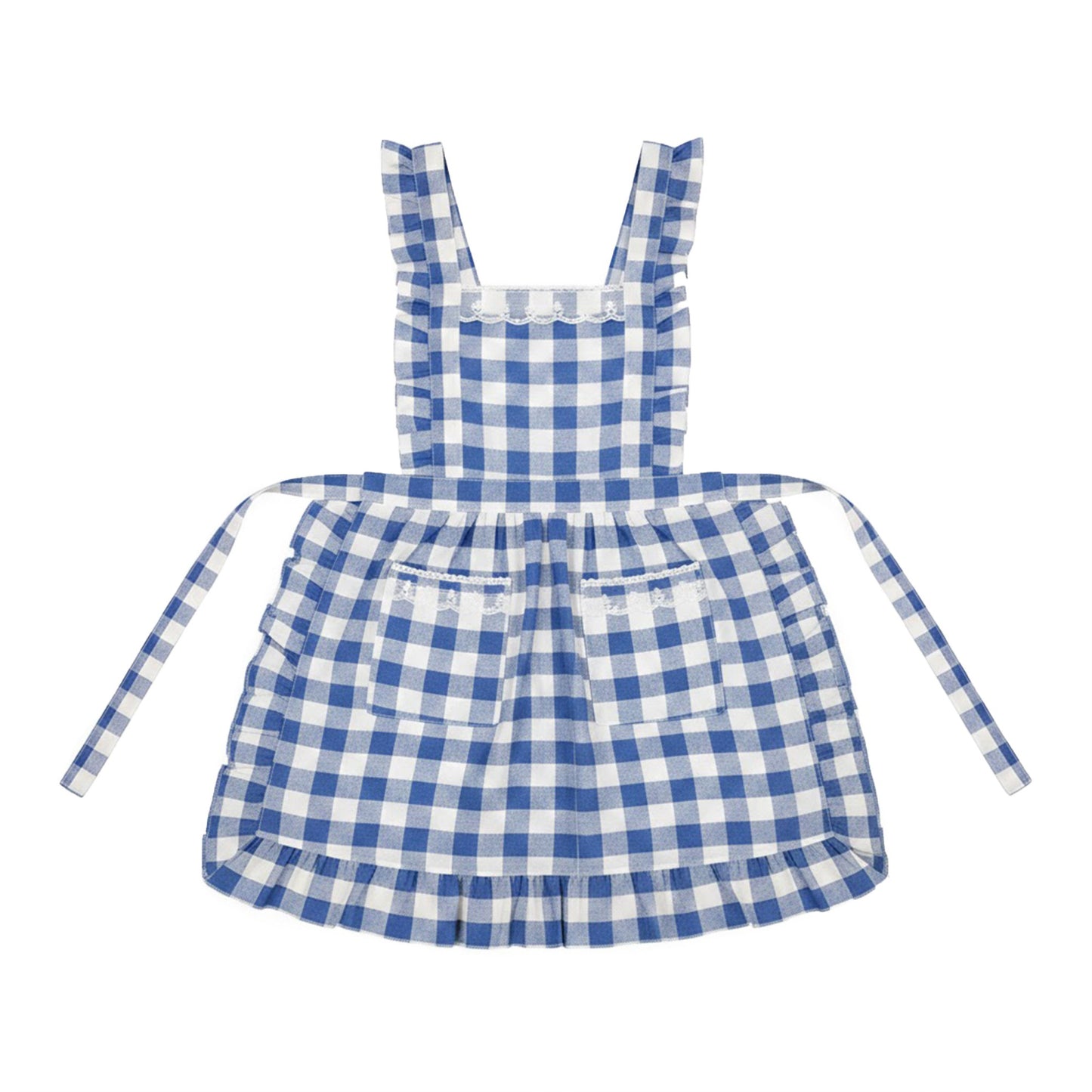 Ruffle Trim Striped Kitchen Apron with Dual Front Pockets Adjustable Waist Ties and Decorative Lace Detail