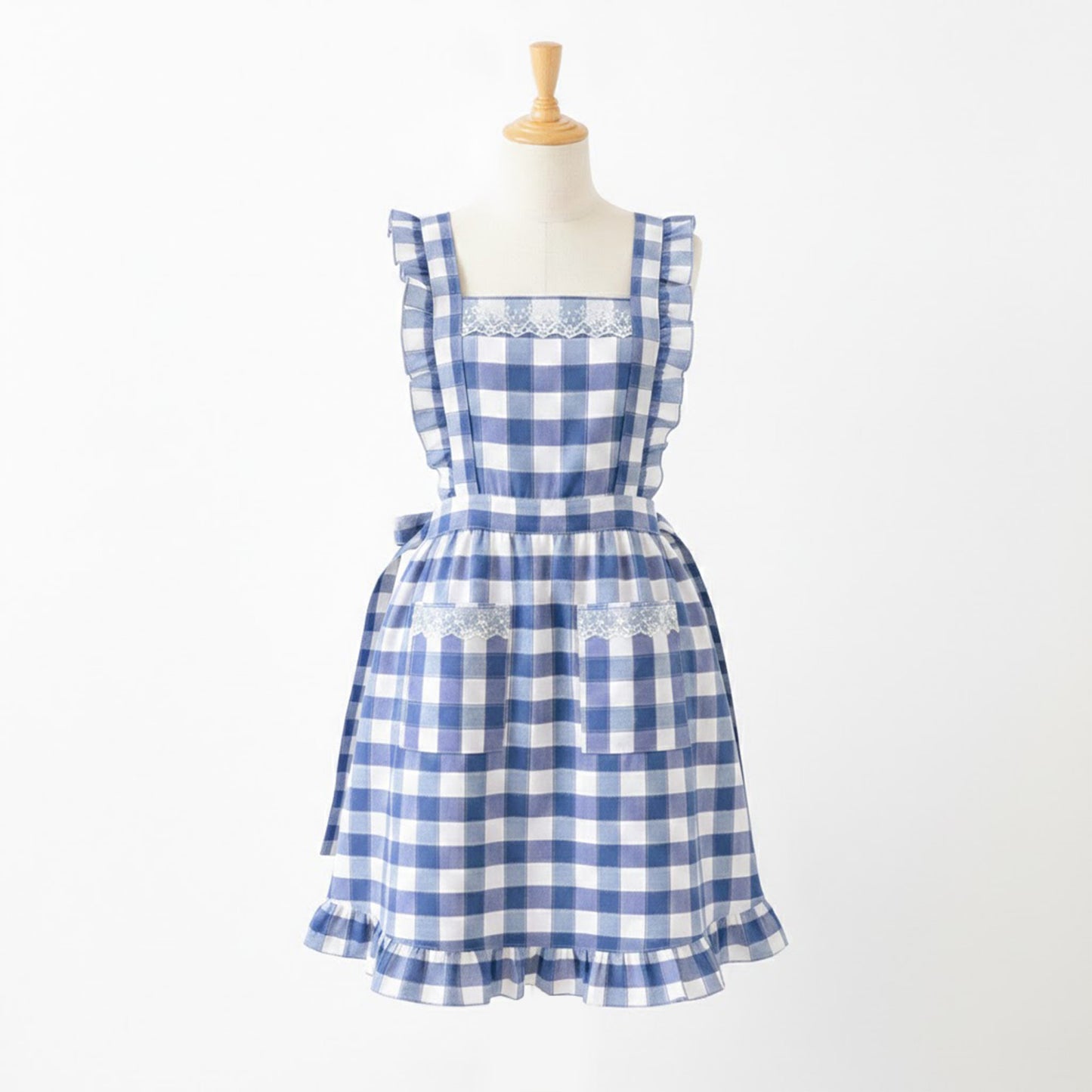 Ruffle Trim Striped Kitchen Apron with Dual Front Pockets Adjustable Waist Ties and Decorative Lace Detail