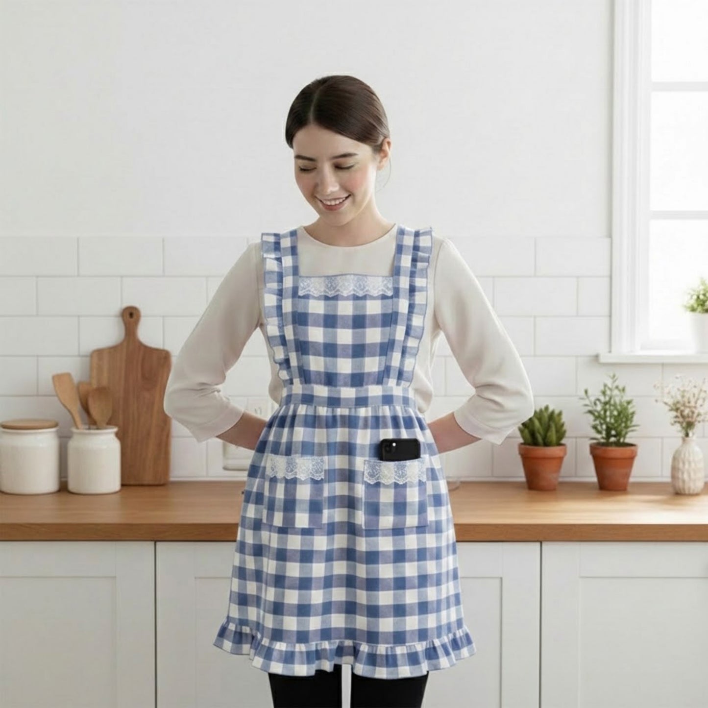 Ruffle Trim Striped Kitchen Apron with Dual Front Pockets Adjustable Waist Ties and Decorative Lace Detail