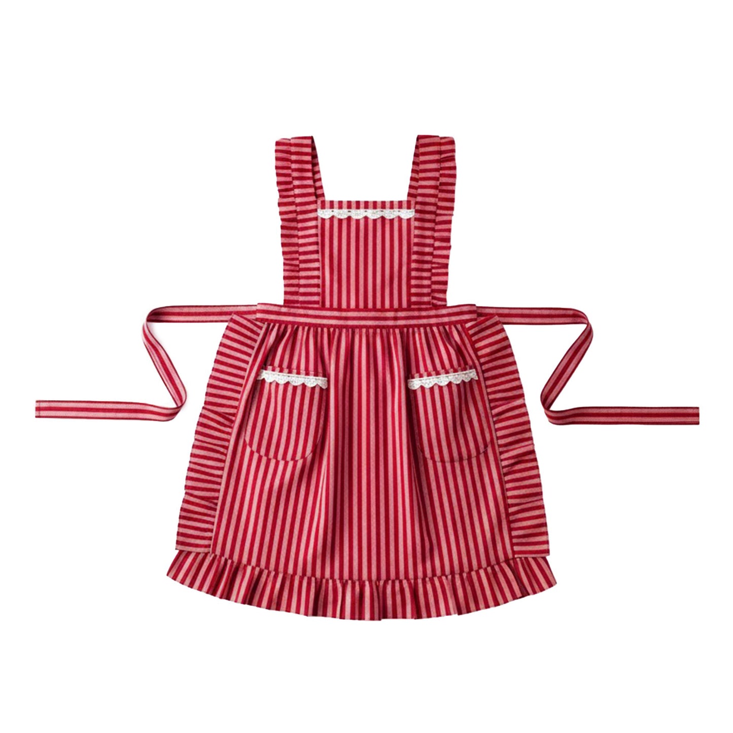 Ruffle Trim Striped Kitchen Apron with Dual Front Pockets Adjustable Waist Ties and Decorative Lace Detail