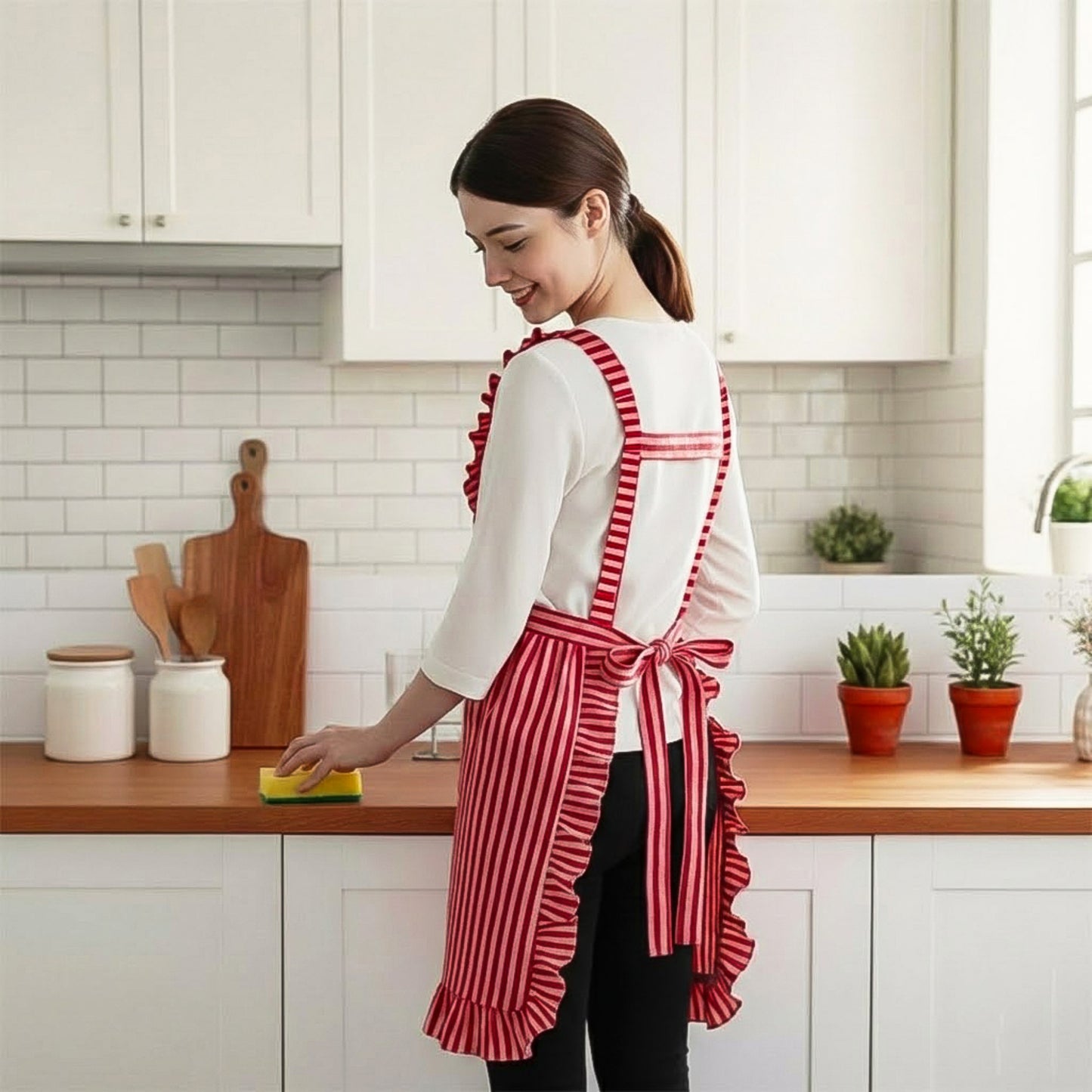 Ruffle Trim Striped Kitchen Apron with Dual Front Pockets Adjustable Waist Ties and Decorative Lace Detail