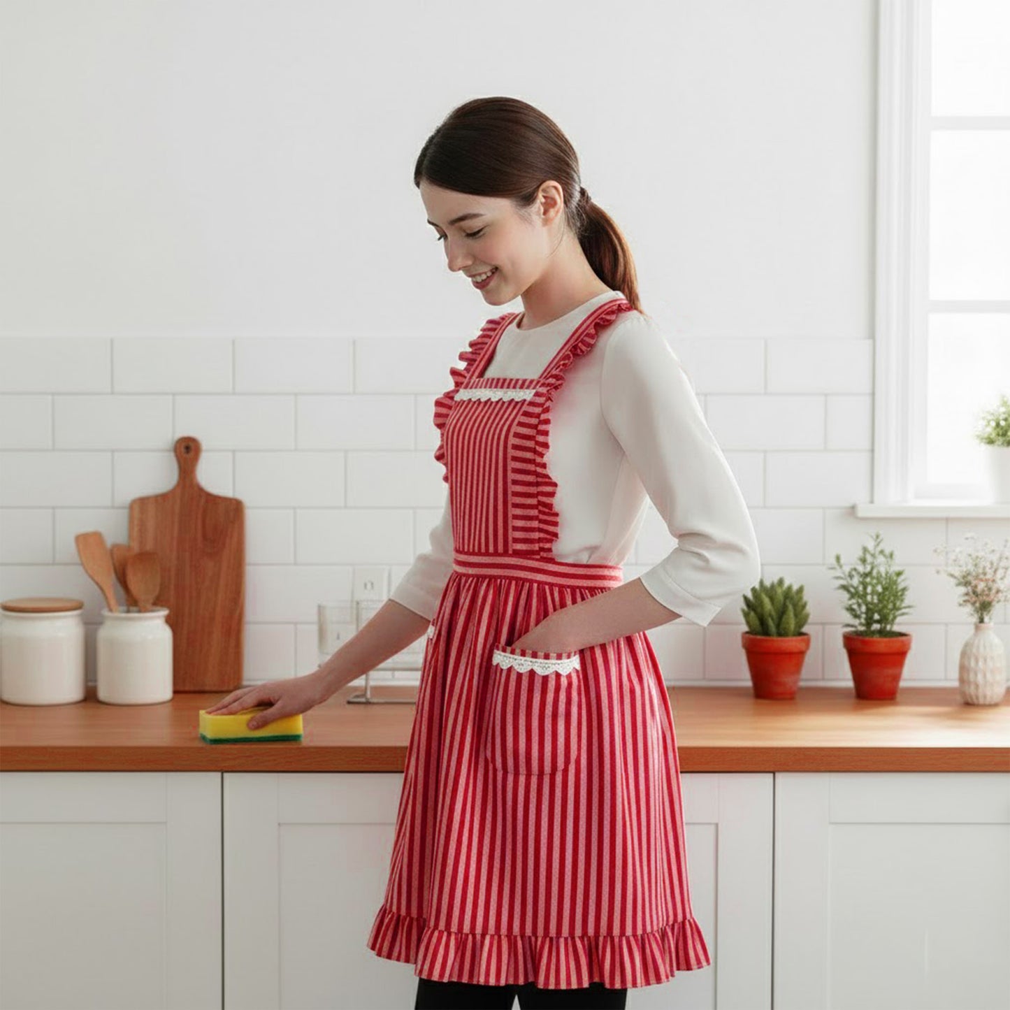Ruffle Trim Striped Kitchen Apron with Dual Front Pockets Adjustable Waist Ties and Decorative Lace Detail
