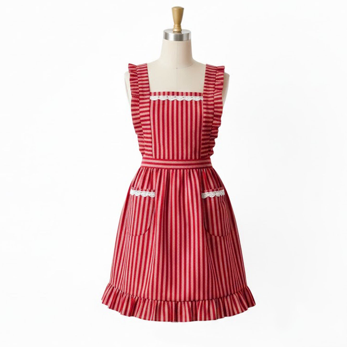 Ruffle Trim Striped Kitchen Apron with Dual Front Pockets Adjustable Waist Ties and Decorative Lace Detail