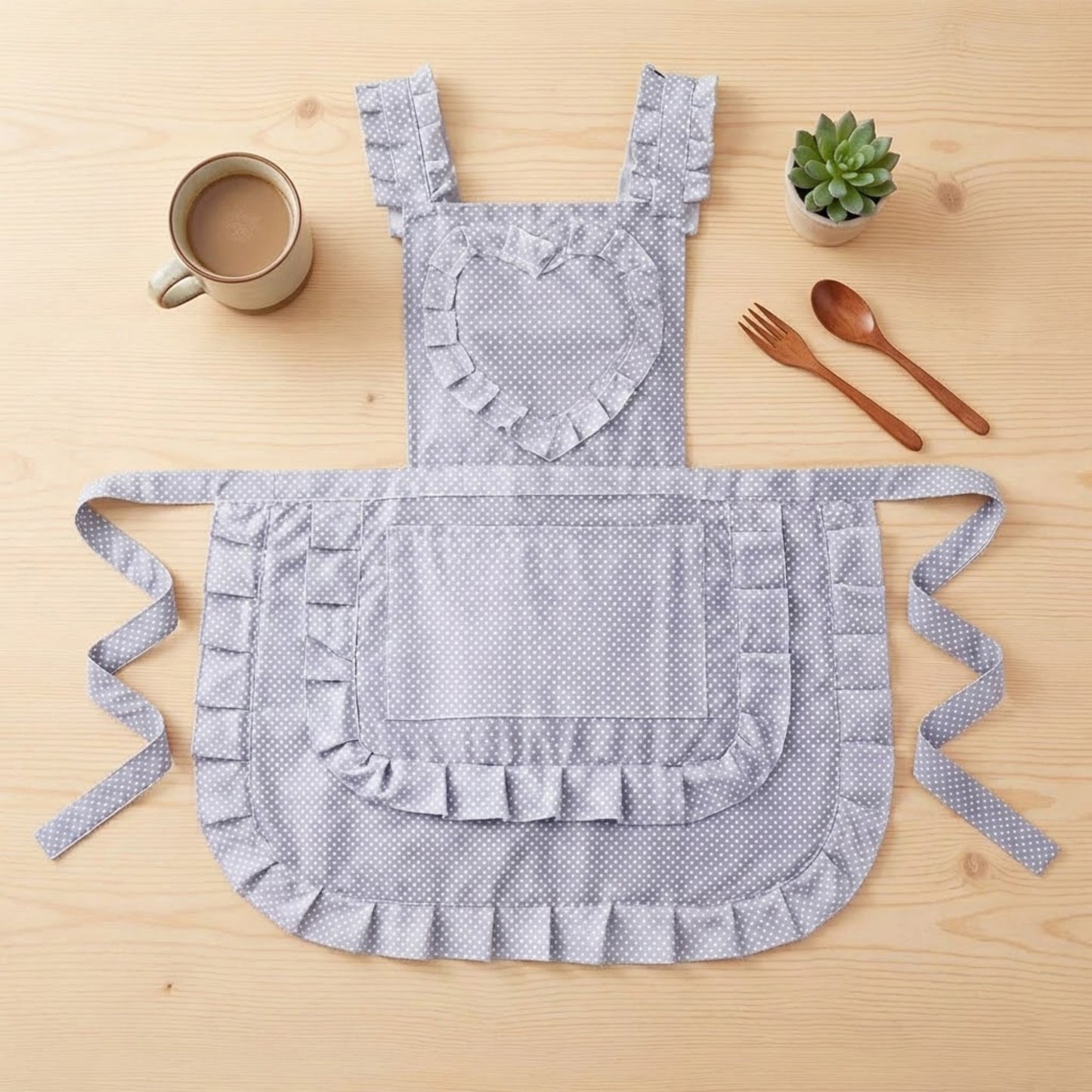 Ruffle Detail Kitchen Apron with Heart Accent Front Pocket and Adjustable Waist Ties