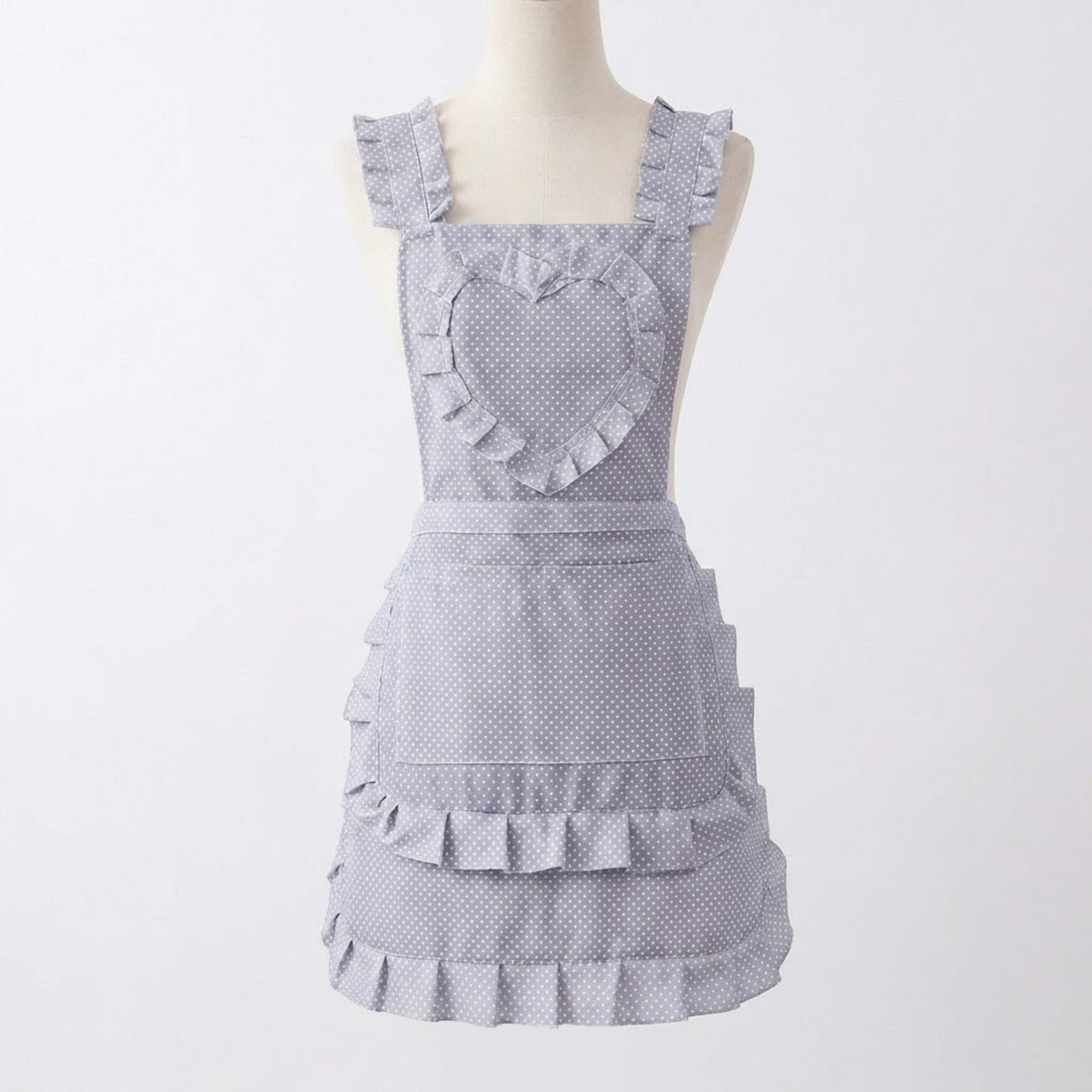 Ruffle Detail Kitchen Apron with Heart Accent Front Pocket and Adjustable Waist Ties