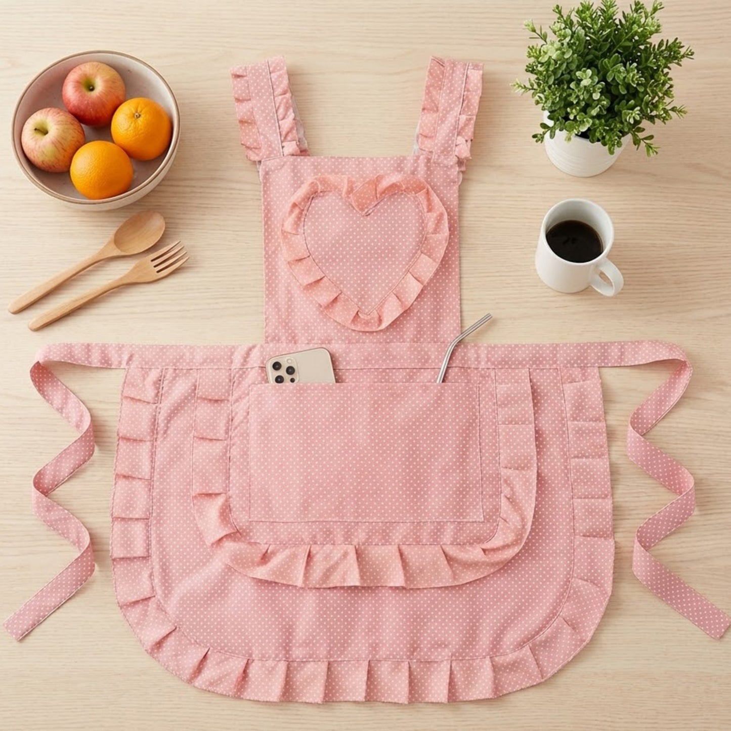Ruffle Detail Kitchen Apron with Heart Accent Front Pocket and Adjustable Waist Ties
