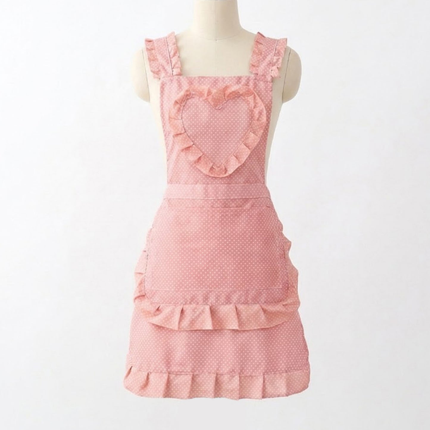 Ruffle Detail Kitchen Apron with Heart Accent Front Pocket and Adjustable Waist Ties