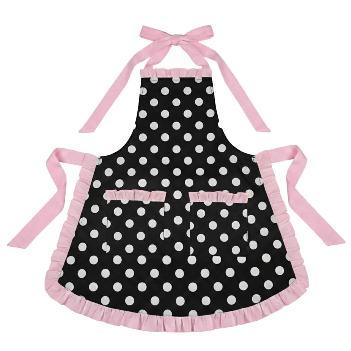 Polka Dot Kitchen Apron with Ruffle Trim Adjustable Ties and Front Pockets