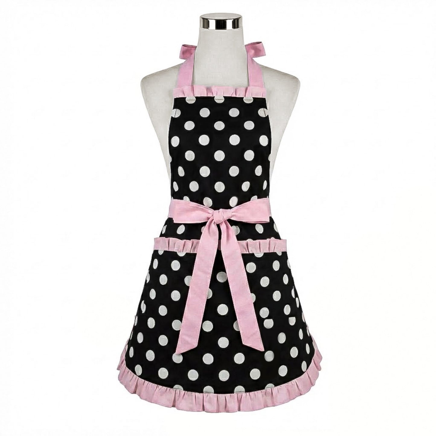 Polka Dot Kitchen Apron with Ruffle Trim Adjustable Ties and Front Pockets