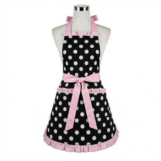 Polka Dot Kitchen Apron with Ruffle Trim Adjustable Ties and Front Pockets