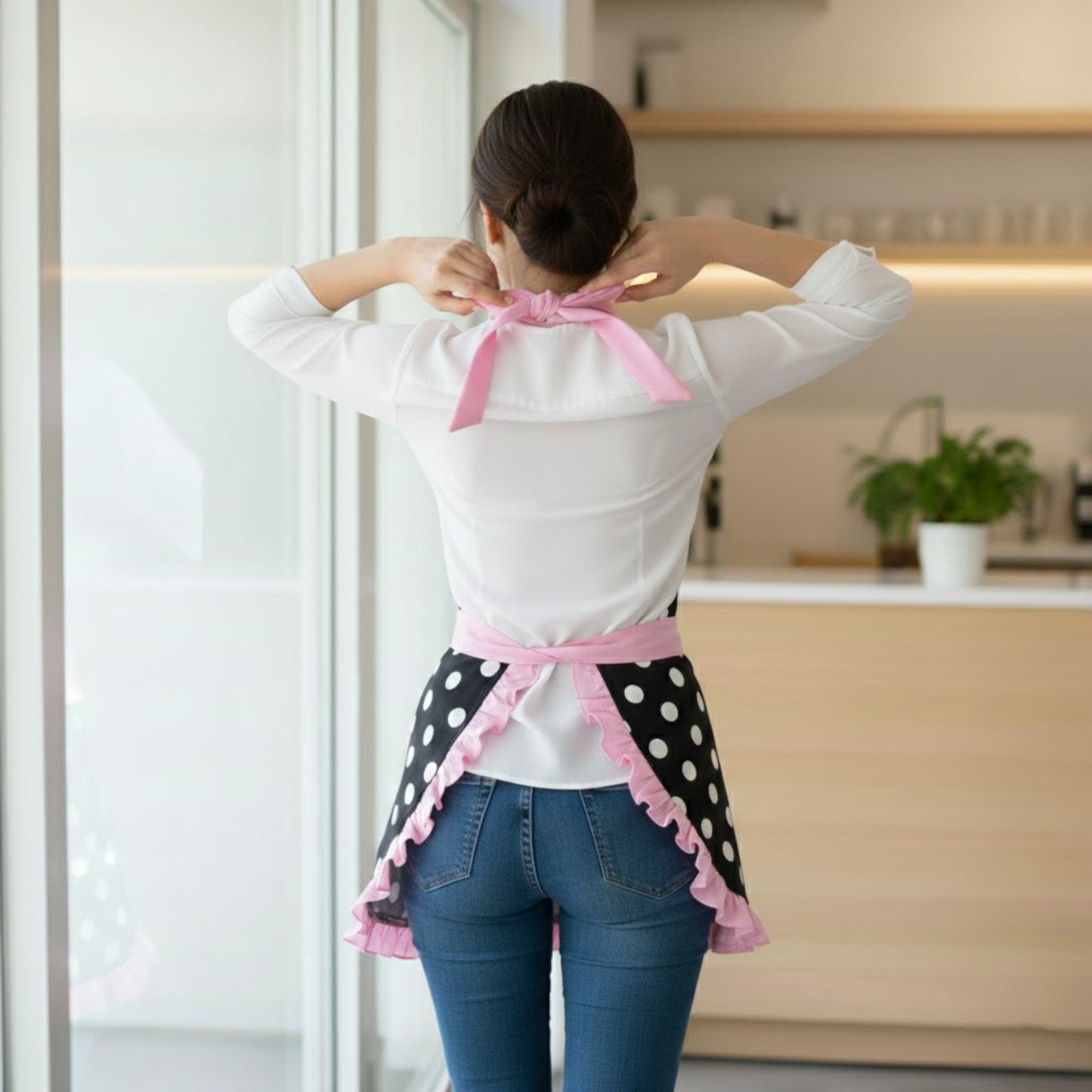 Polka Dot Kitchen Apron with Ruffle Trim Adjustable Ties and Front Pockets