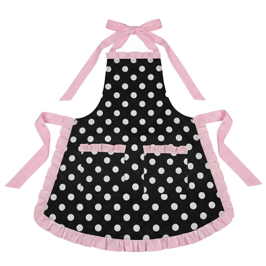 Polka Dot Kitchen Apron with Ruffle Trim Adjustable Ties and Front Pockets