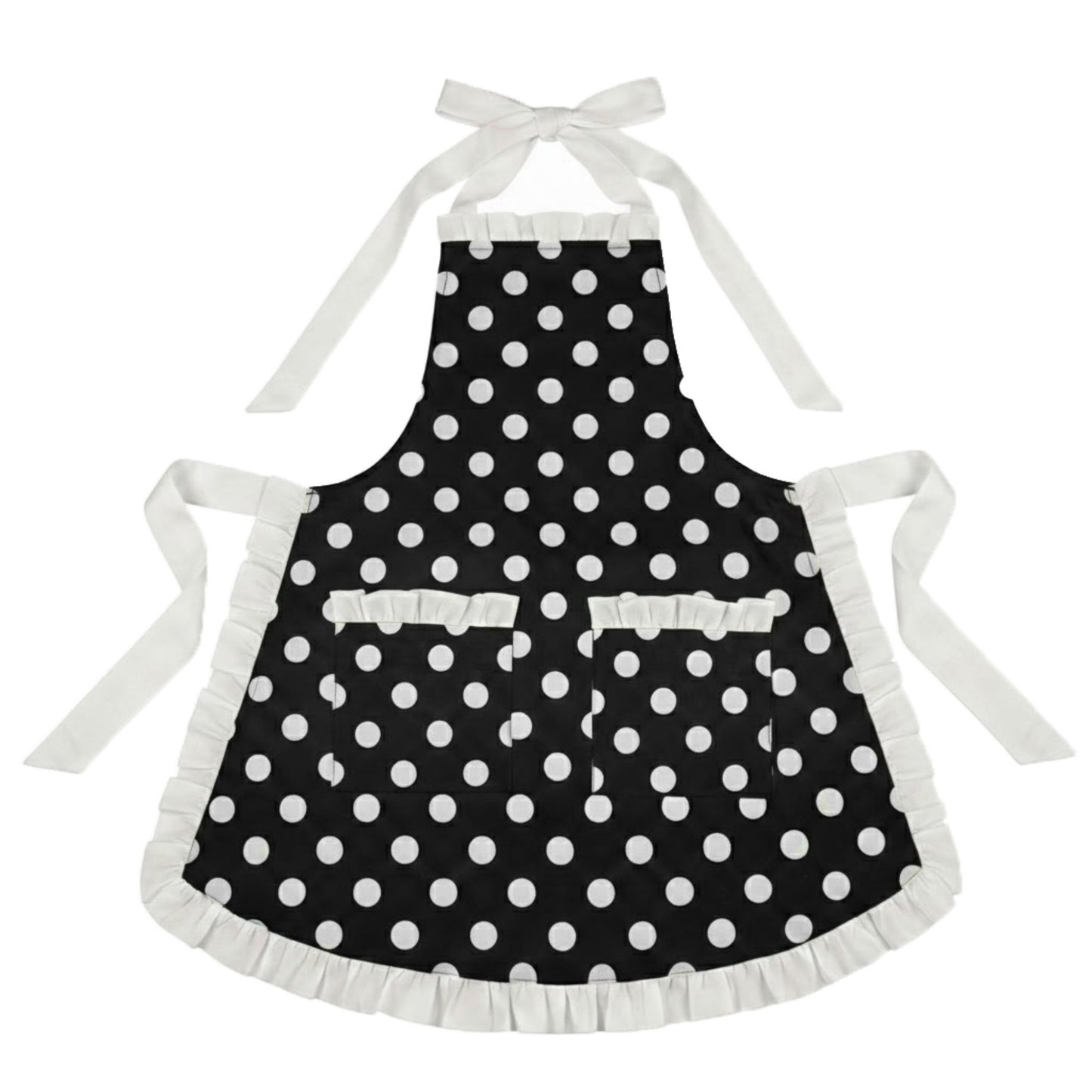 Polka Dot Kitchen Apron with Ruffle Trim Adjustable Ties and Front Pockets