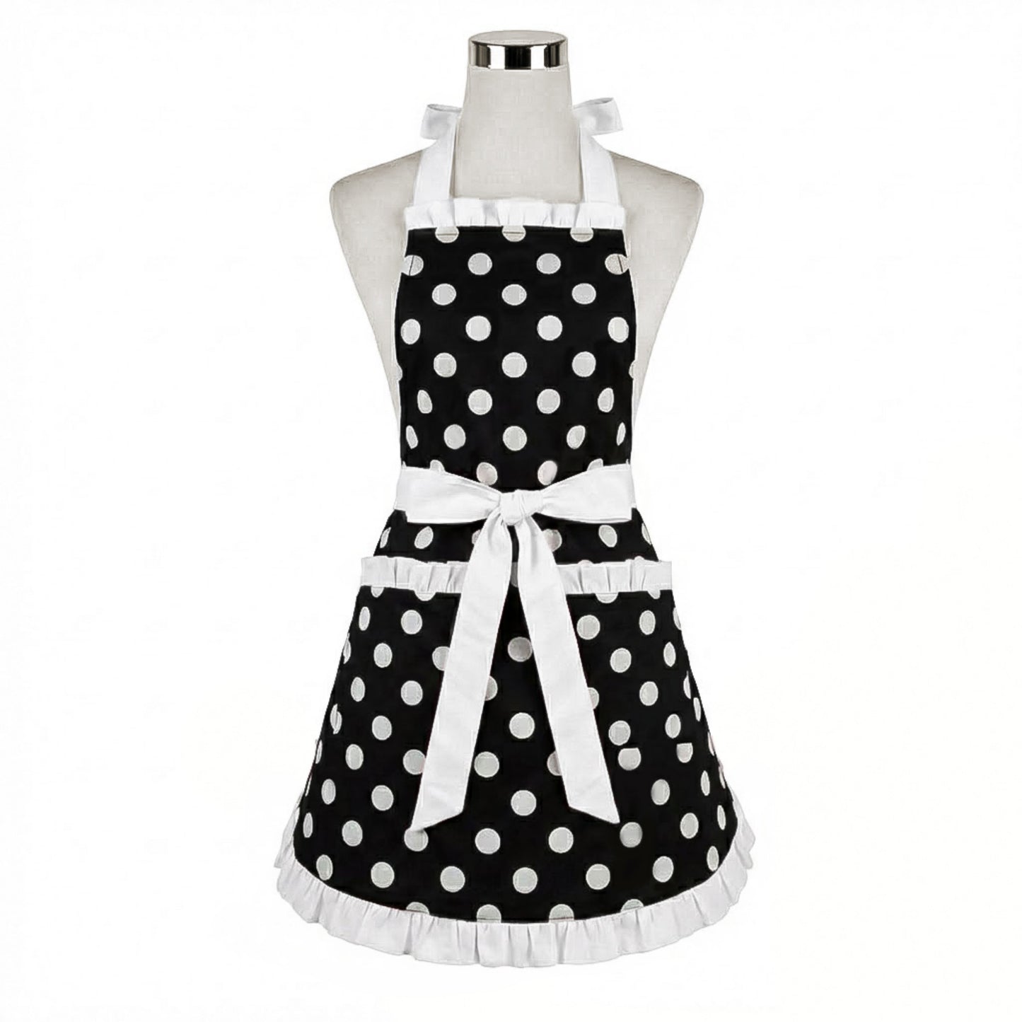 Polka Dot Kitchen Apron with Ruffle Trim Adjustable Ties and Front Pockets