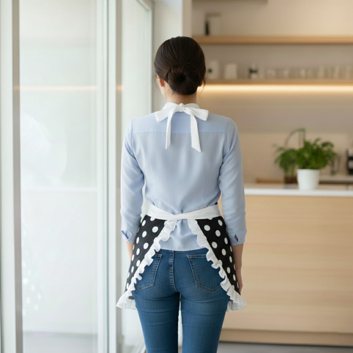 Polka Dot Kitchen Apron with Ruffle Trim Adjustable Ties and Front Pockets
