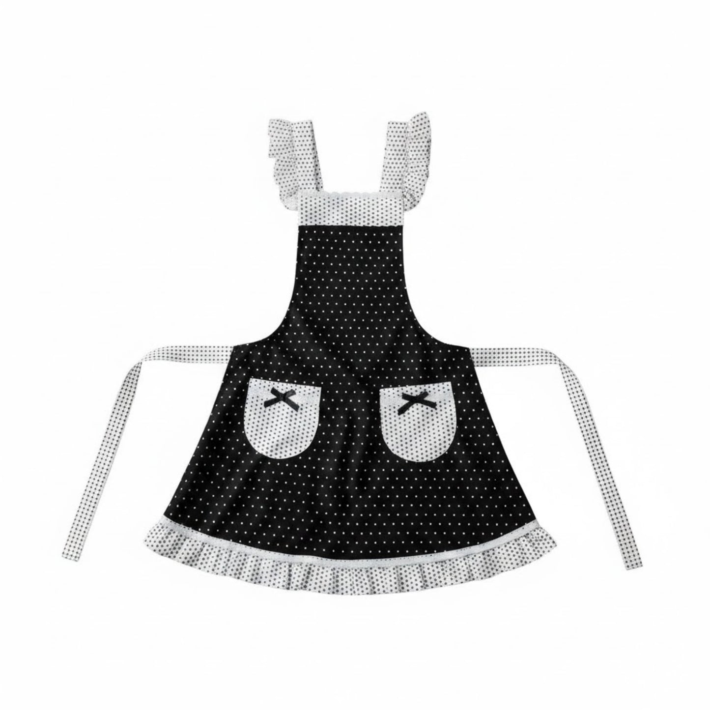 Polka Dot Kitchen Apron with Ruffle Trim Adjustable Shoulder Straps Waist Ties and Front Pockets